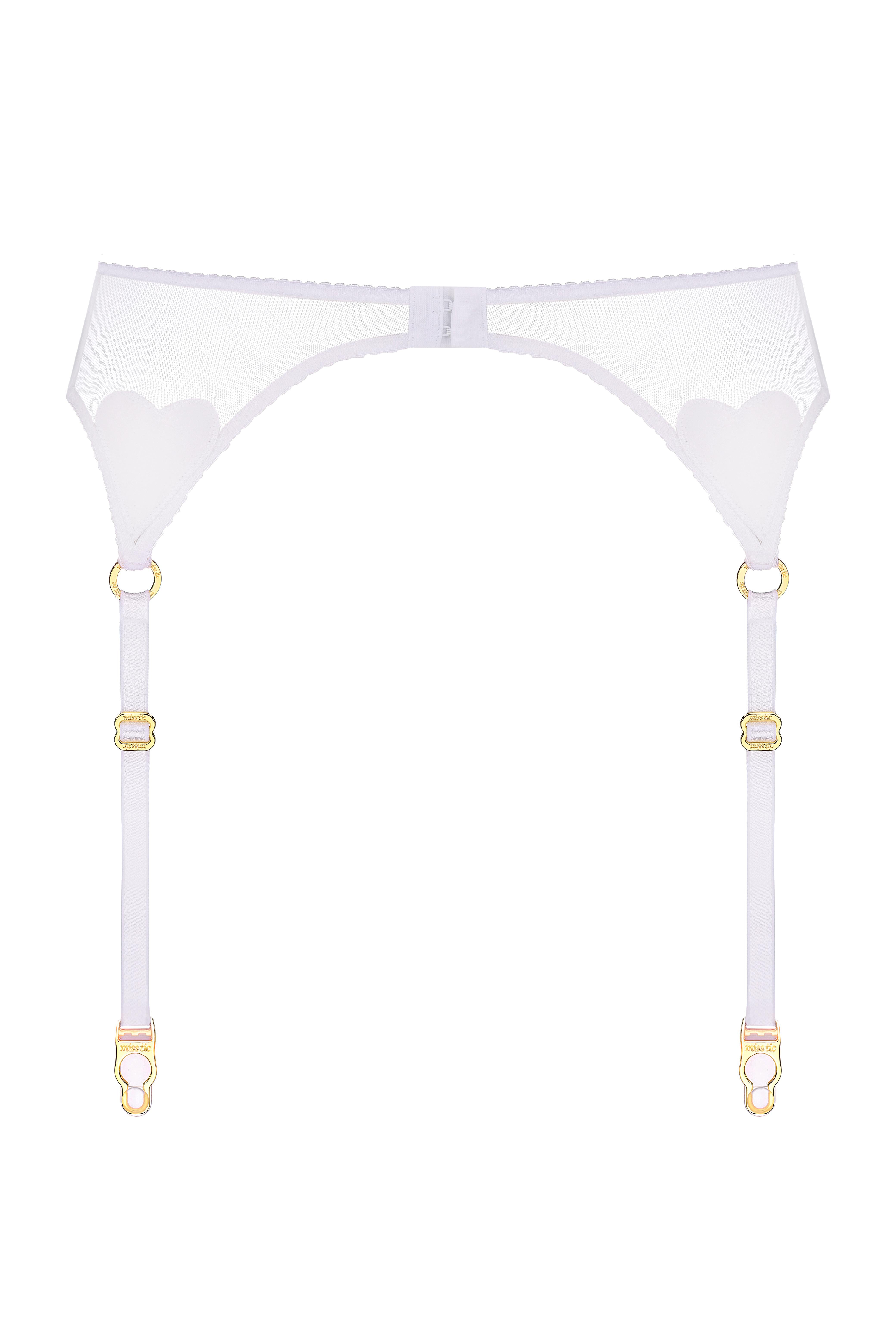 Білий пояс із сітки з двома сердечками зі страз і двома з атласу.