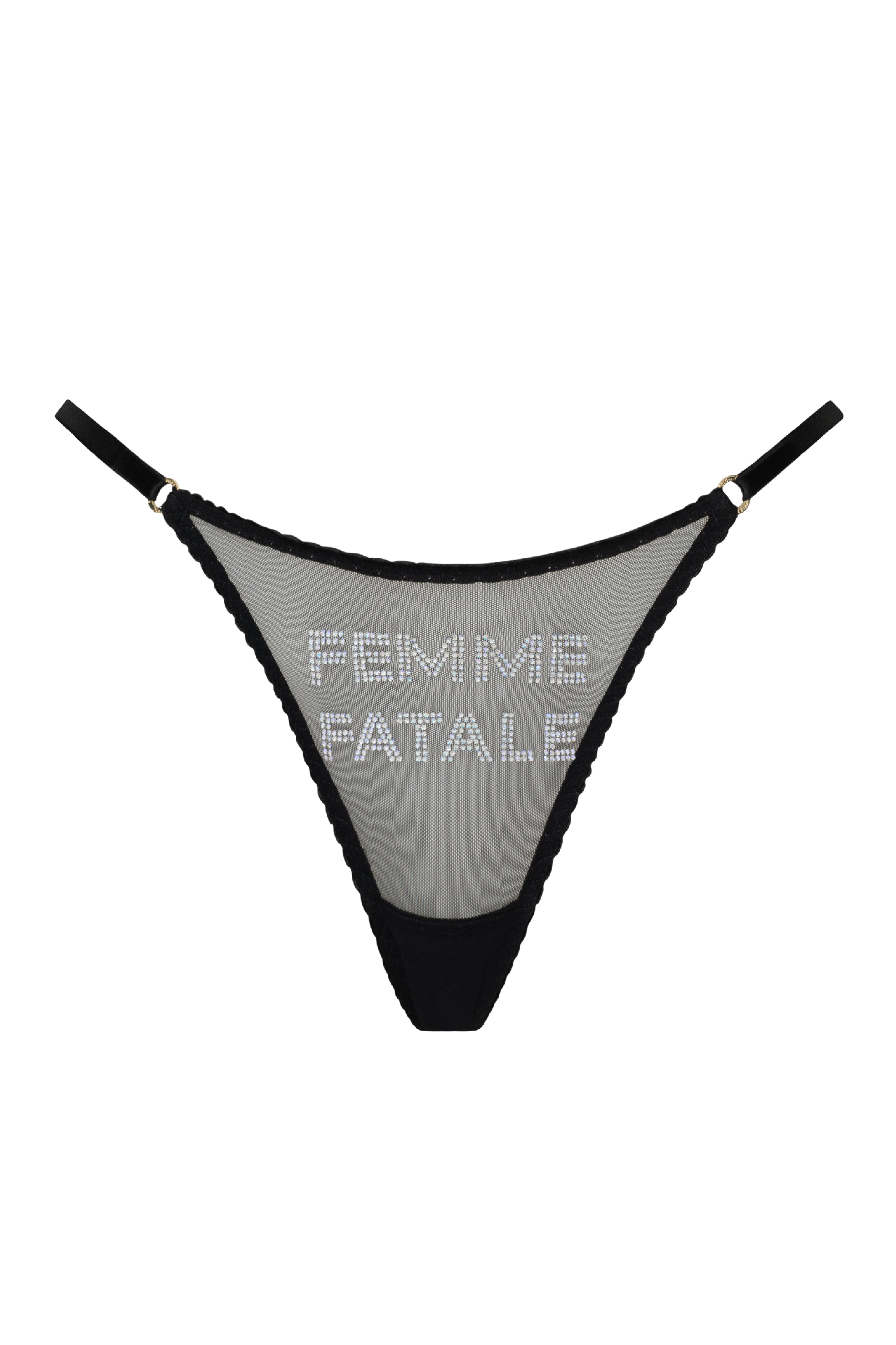Чорні трусики з сітки з написом Femme Fatale зі страз.