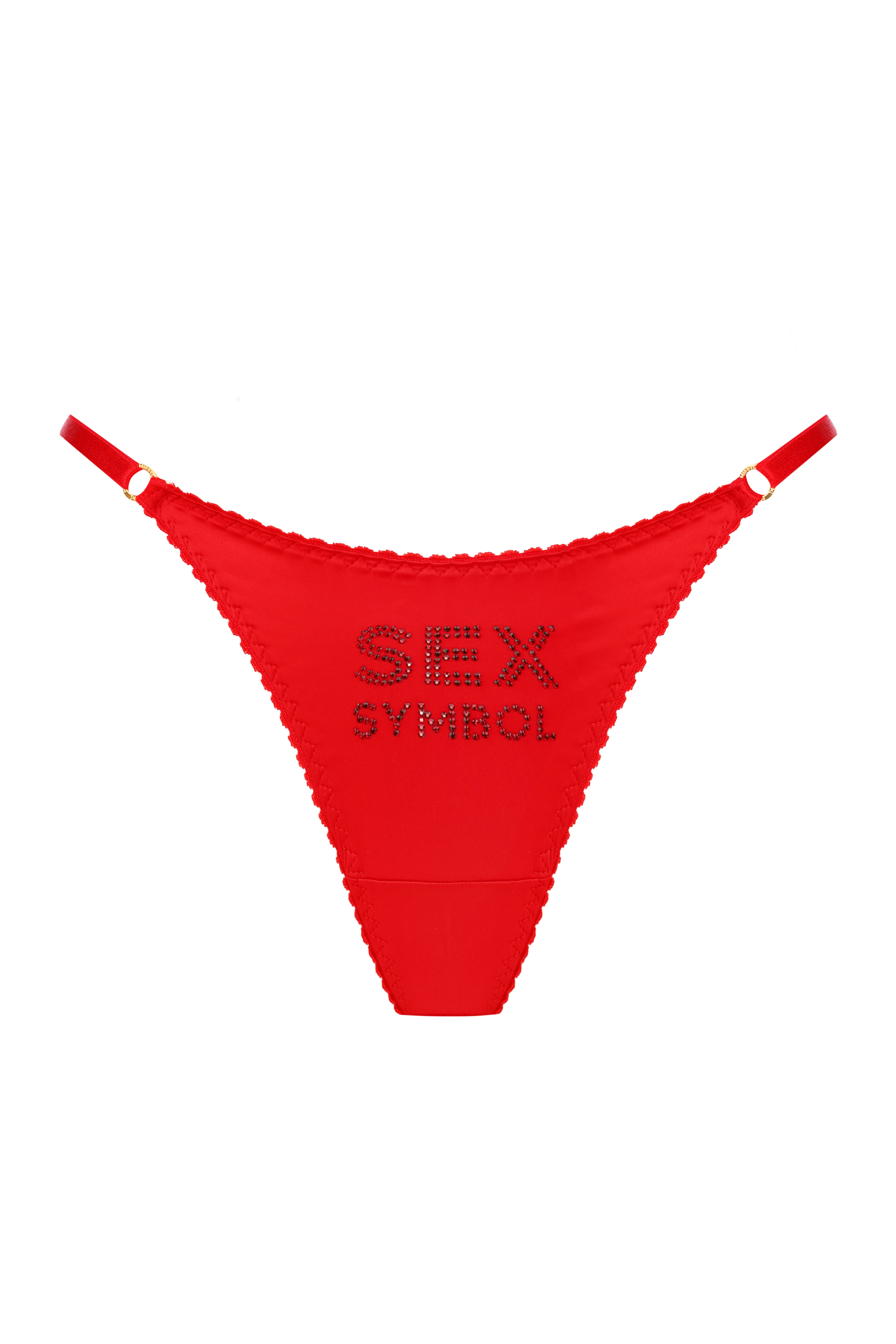 Червоні трусики з атласу з написом Sex Symbol зі страз.